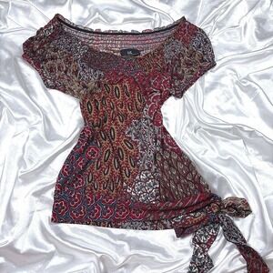 y2k IZ Byer California Top Paisley Red Smocked Side Tie Blouse S